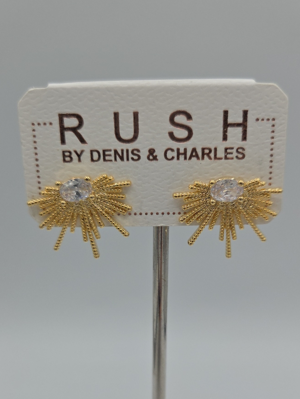 5 for $25! RUSH Gold Sunburst Earrings with Clear Stone Accent